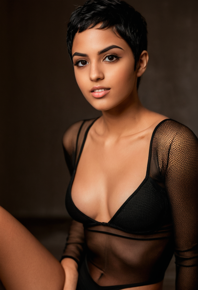 Imágenes eróticas de una bella IA en lencería de malla negra, mostrando sus muslos en un estudio nocturno | Cleo