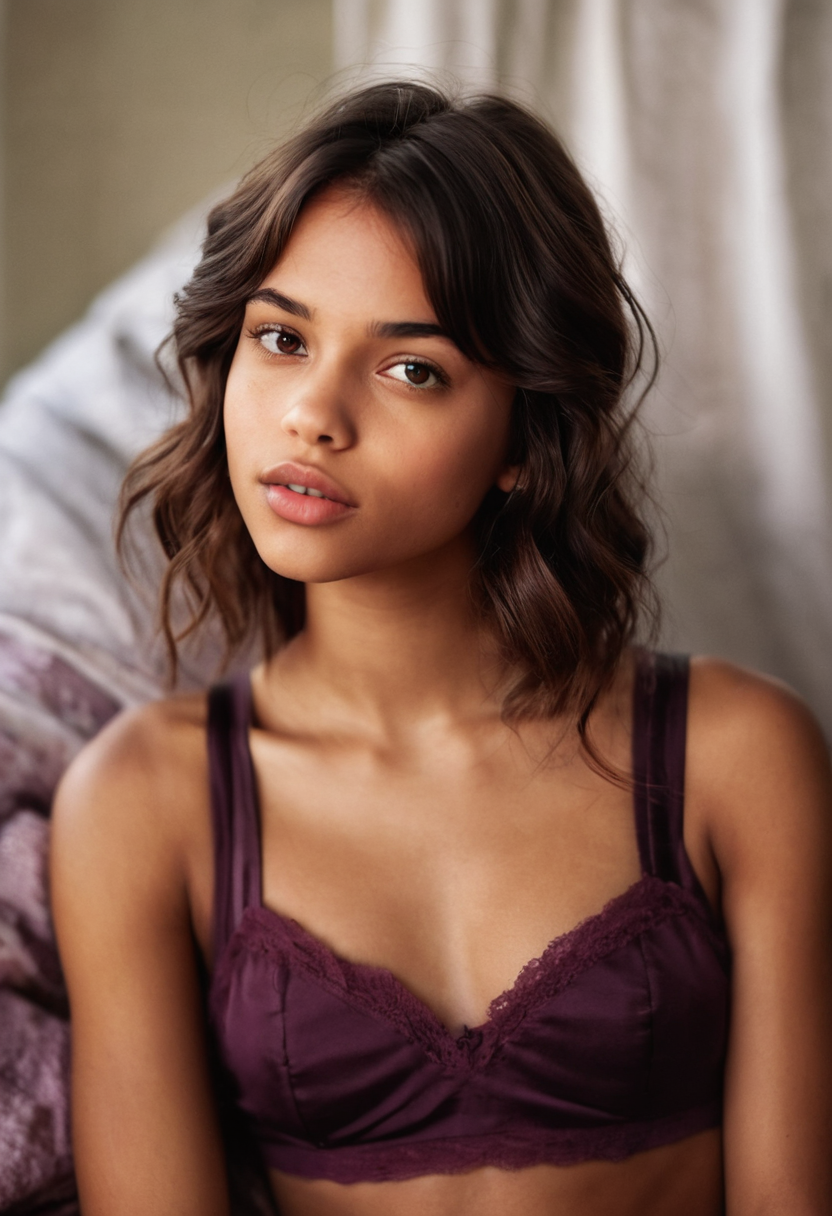 Erotic AI beauty photo in plum satin slip — bedroom allure — Vex