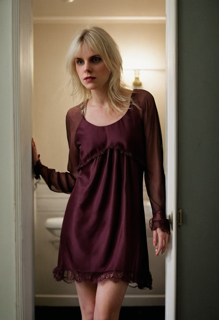 Standing in daylight bathroom, satin clinging as I get ready to go out