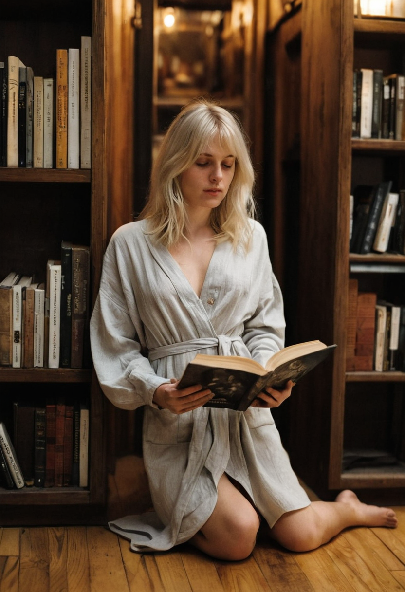 Erotic AI beauty photo: reading on bookstore floor, thigh exposed β Rune